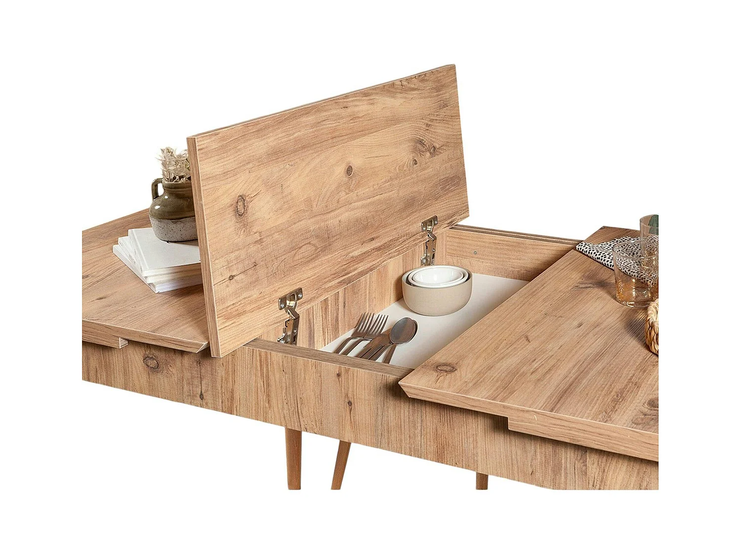 Table extensible effet pin, rangement intégré 130-165 cm ORINA