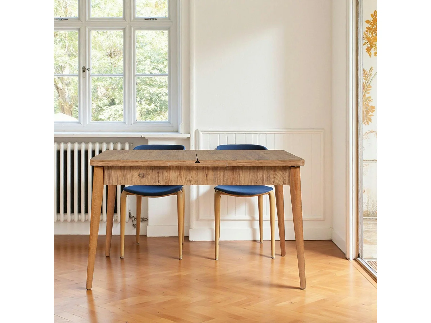 Table extensible effet pin, rangement intégré 130-165 cm ORINA