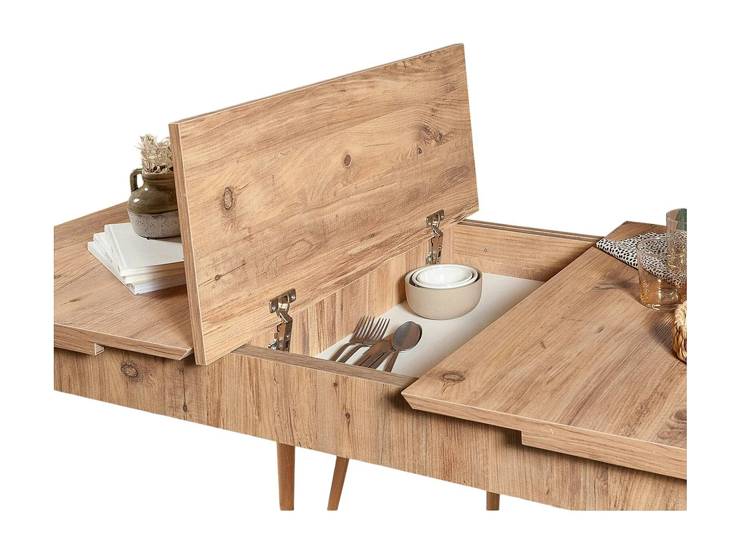 Table extensible effet pin, rangement intégré 130-165 cm ORINA