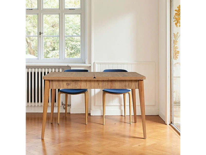 Table extensible effet pin, rangement intégré 130-165 cm ORINA