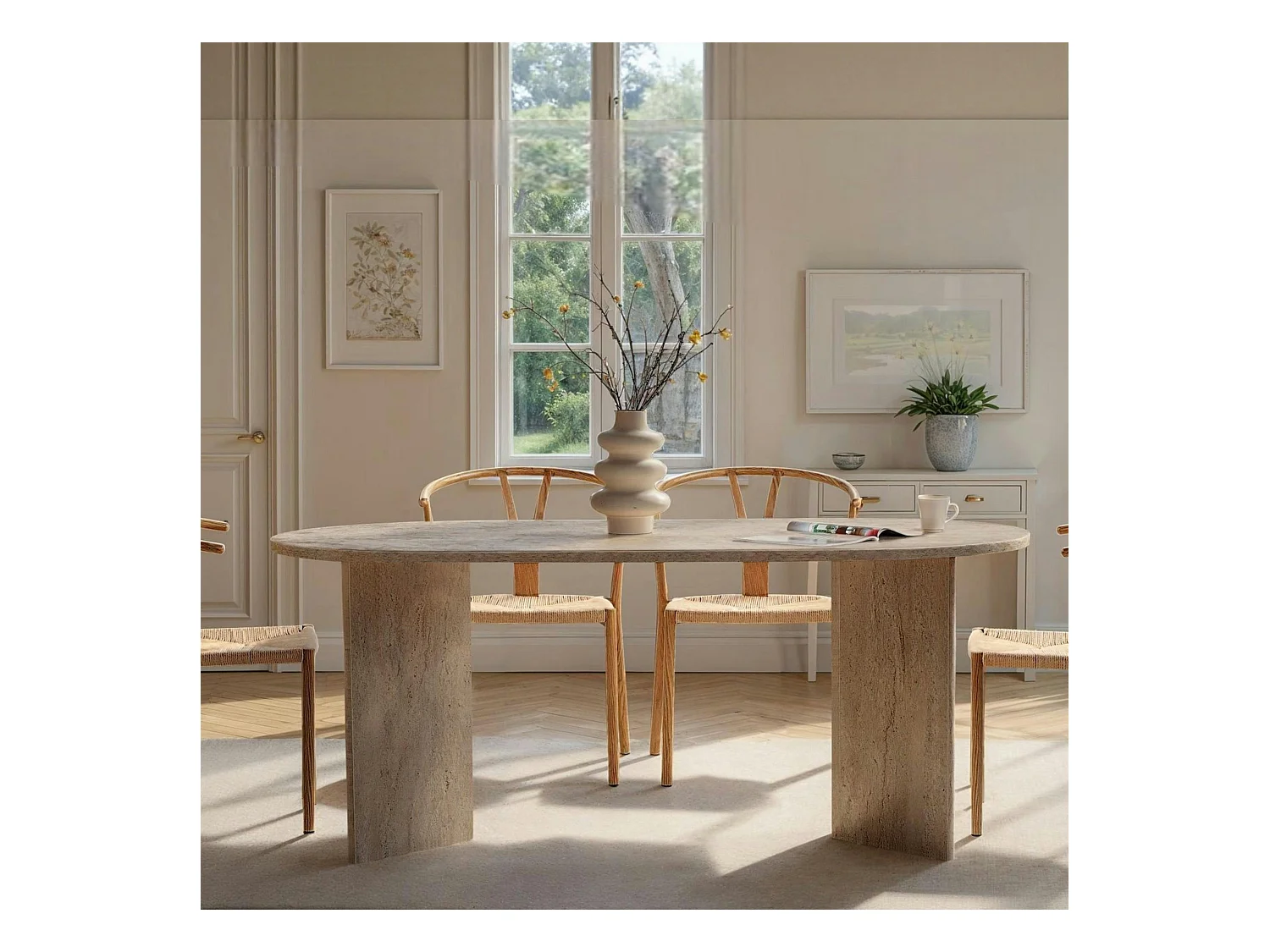 Table à manger ovale effet travertin pieds en V 200 cm MARFA
