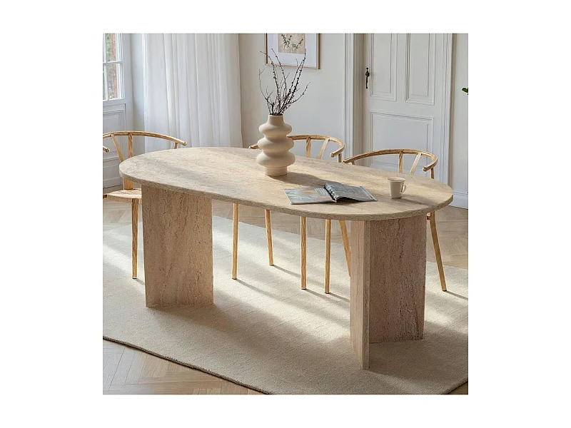 Table à manger ovale effet travertin pieds en V 200 cm MARFA