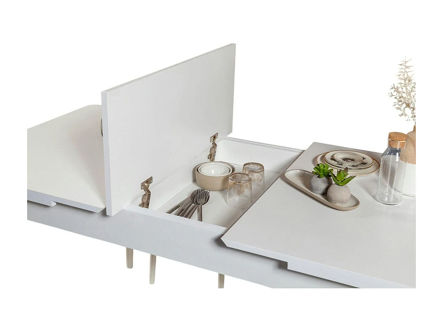 Table extensible blanche, rangement intégré 130-165 cm ORINA