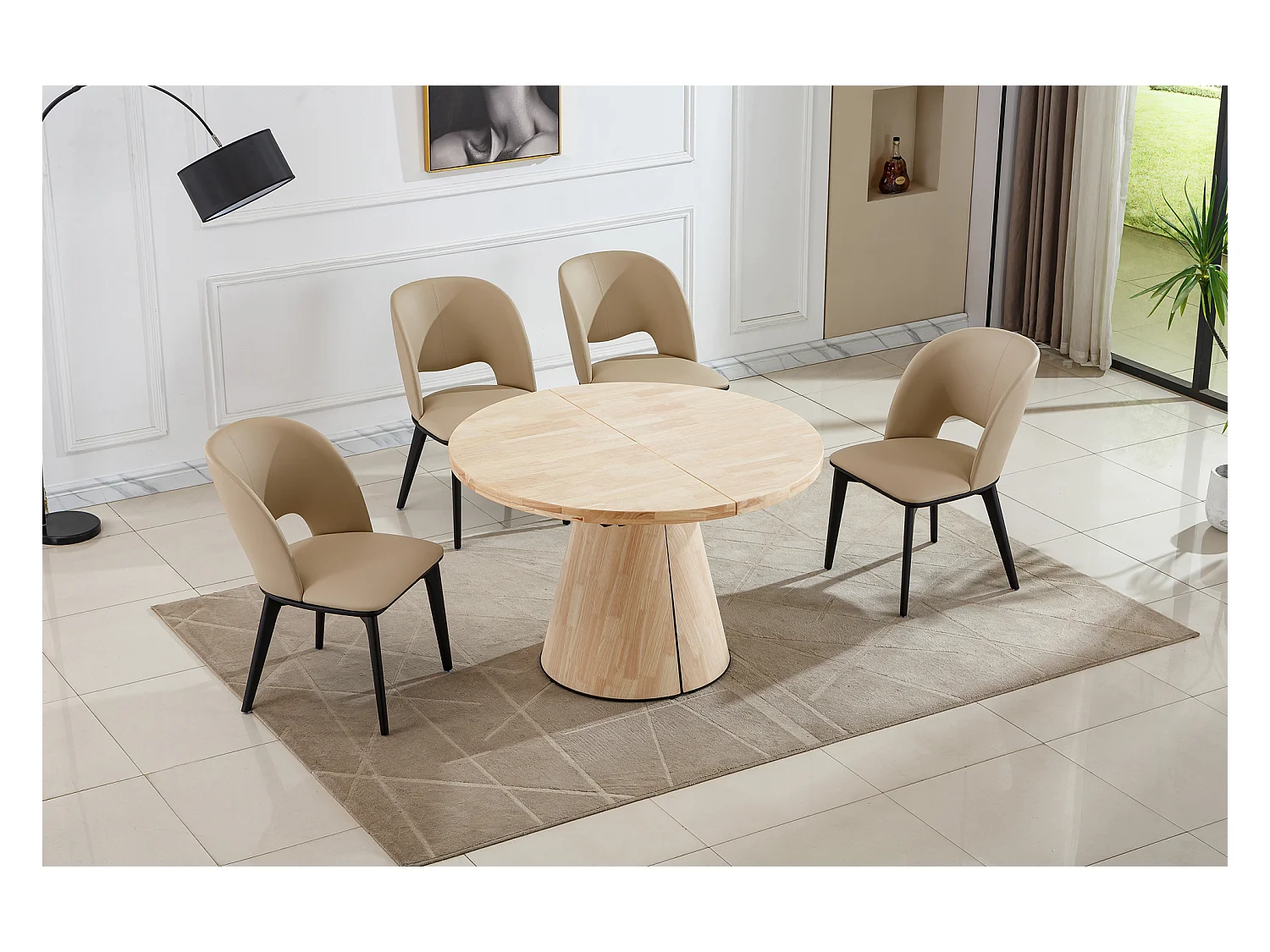 Table à manger ronde extensible coloris Chêne nordique - Longueur 120-160-200 x Largeur 120 x Hauteur 76cm