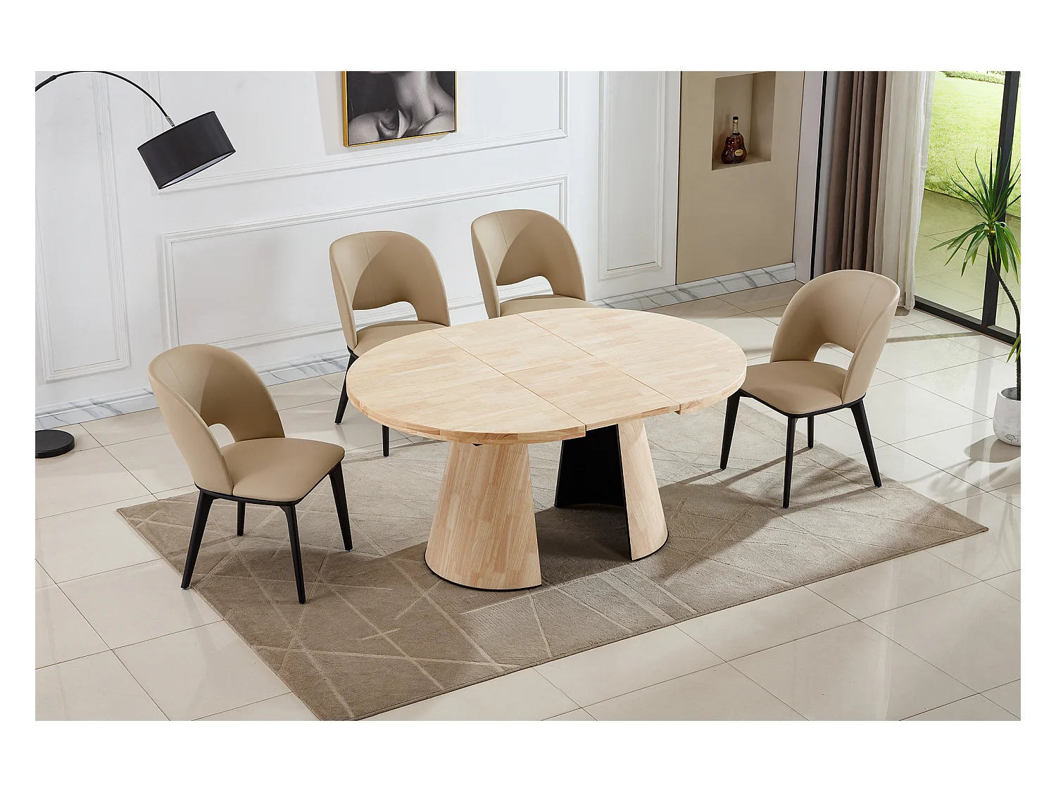 Table à manger ronde extensible coloris Chêne nordique - Longueur 120-160-200 x Largeur 120 x Hauteur 76cm