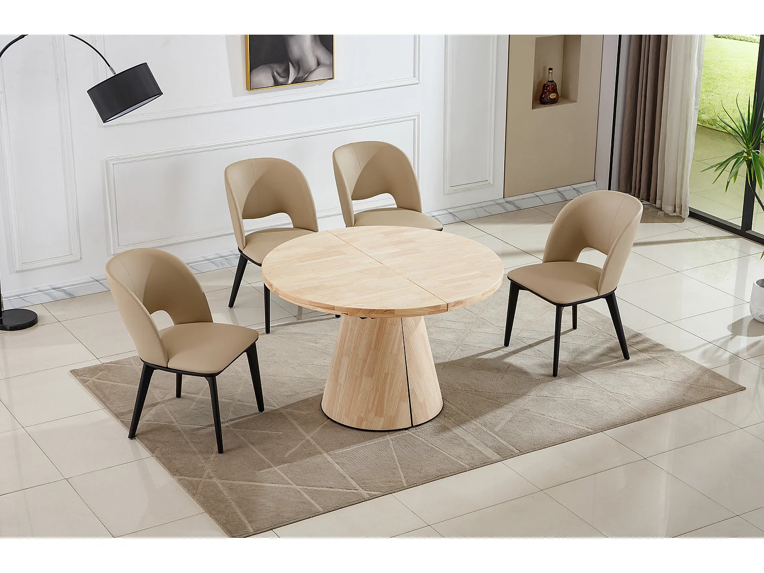 Table à manger ronde extensible coloris Chêne nordique - Longueur 120-160-200 x Largeur 120 x Hauteur 76cm