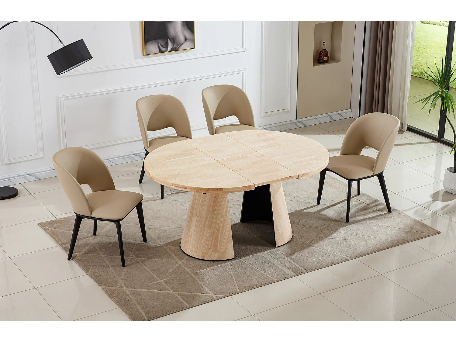 Table à manger ronde extensible coloris Chêne nordique - Longueur 120-160-200 x Largeur 120 x Hauteur 76cm