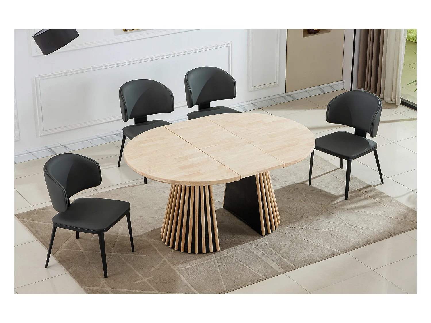 Table à manger ronde extensible coloris Chêne nordique/noir - Longueur 100-140-180 x Largeur 100 x Hauteur 76 cm