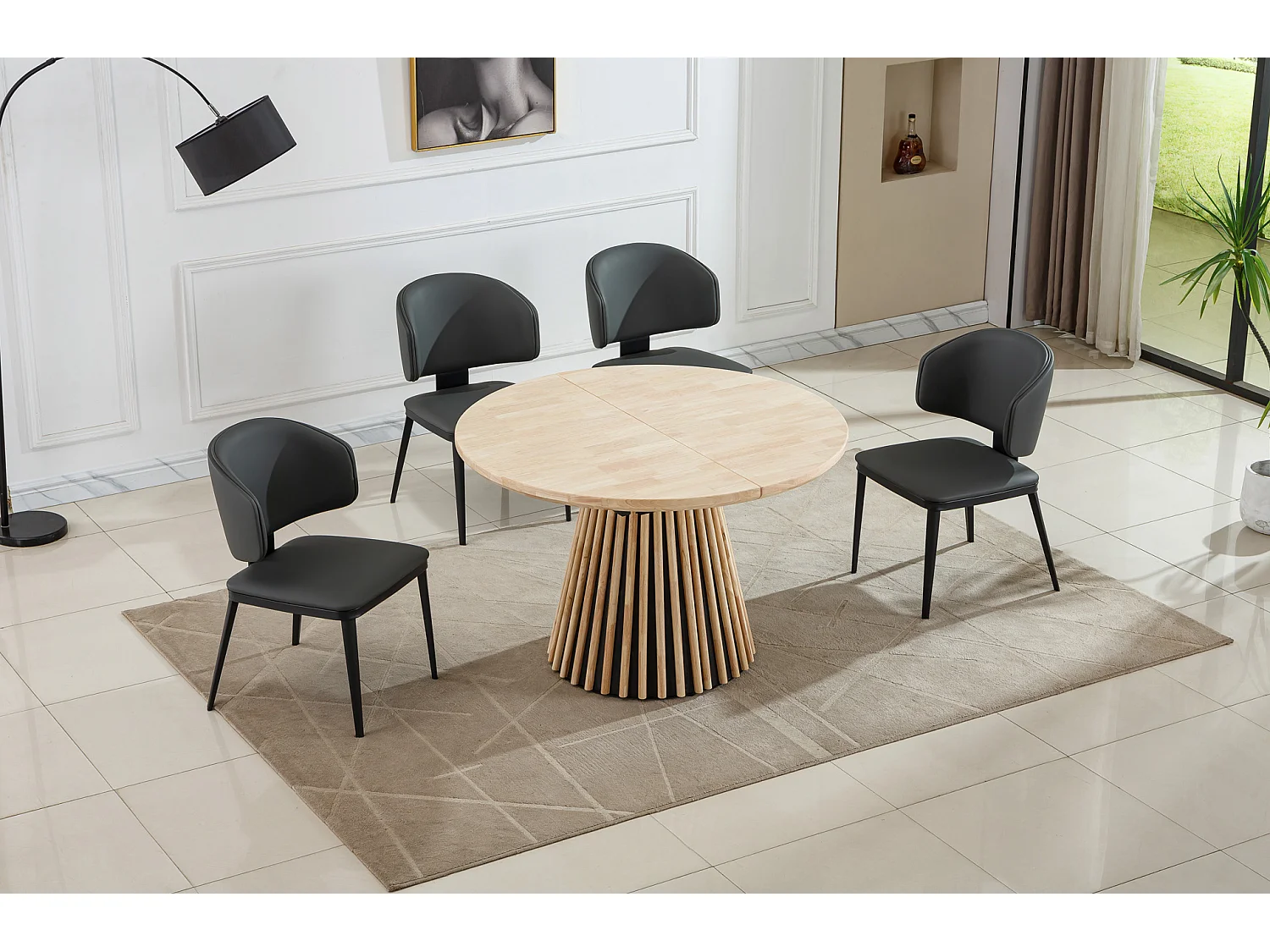 Table à manger ronde extensible coloris Chêne nordique/noir - Longueur 100-140-180 x Largeur 100 x Hauteur 76 cm