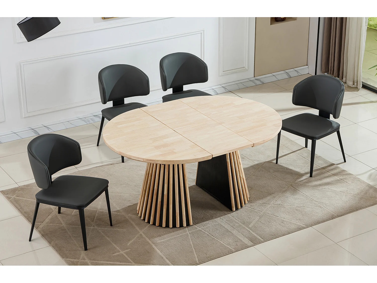 Table à manger ronde extensible coloris Chêne nordique/noir - Longueur 100-140-180 x Largeur 100 x Hauteur 76 cm