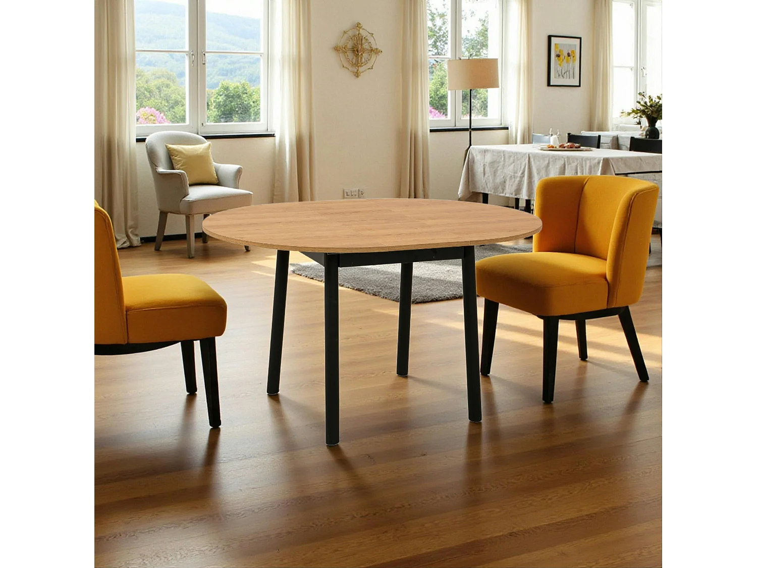 Table extensible ronde effet chêne pieds noirs Ø100-131 cm ARDEN