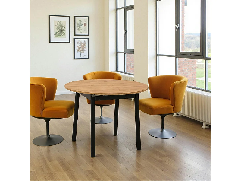 Table extensible ronde effet chêne pieds noirs Ø100-131 cm ARDEN