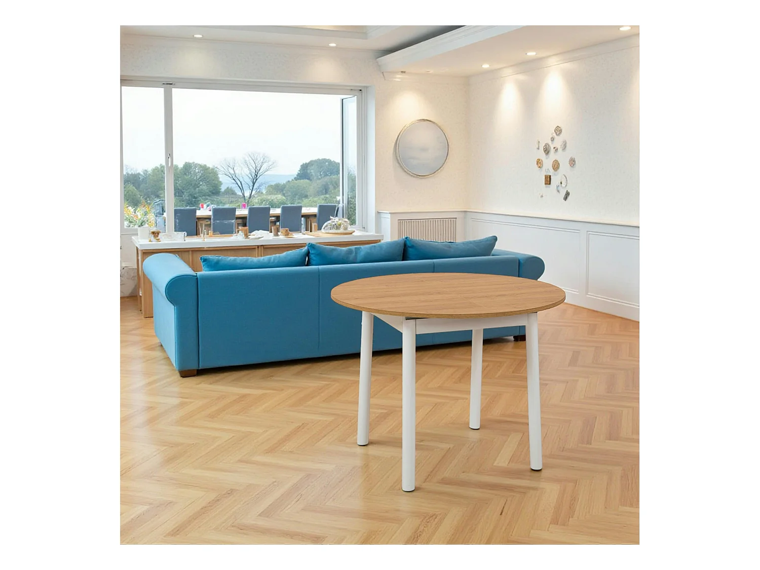 Table extensible blanche plateau effet bois Ø100-131 cm ARDEN