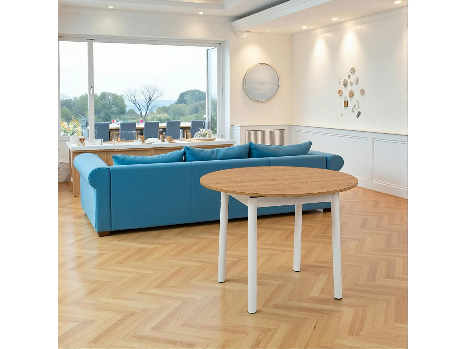 Table extensible blanche plateau effet bois Ø100-131 cm ARDEN