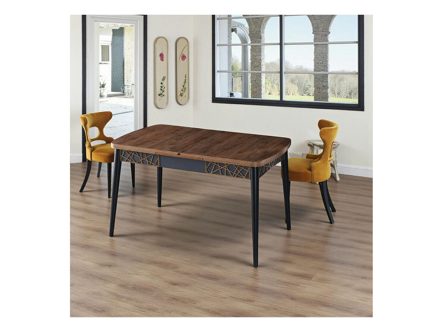 Table extensible effet noyer, pieds noirs 132-170 cm LUNOR