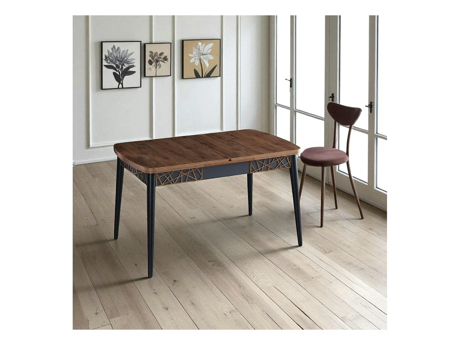 Table extensible effet noyer, pieds noirs 132-170 cm LUNOR