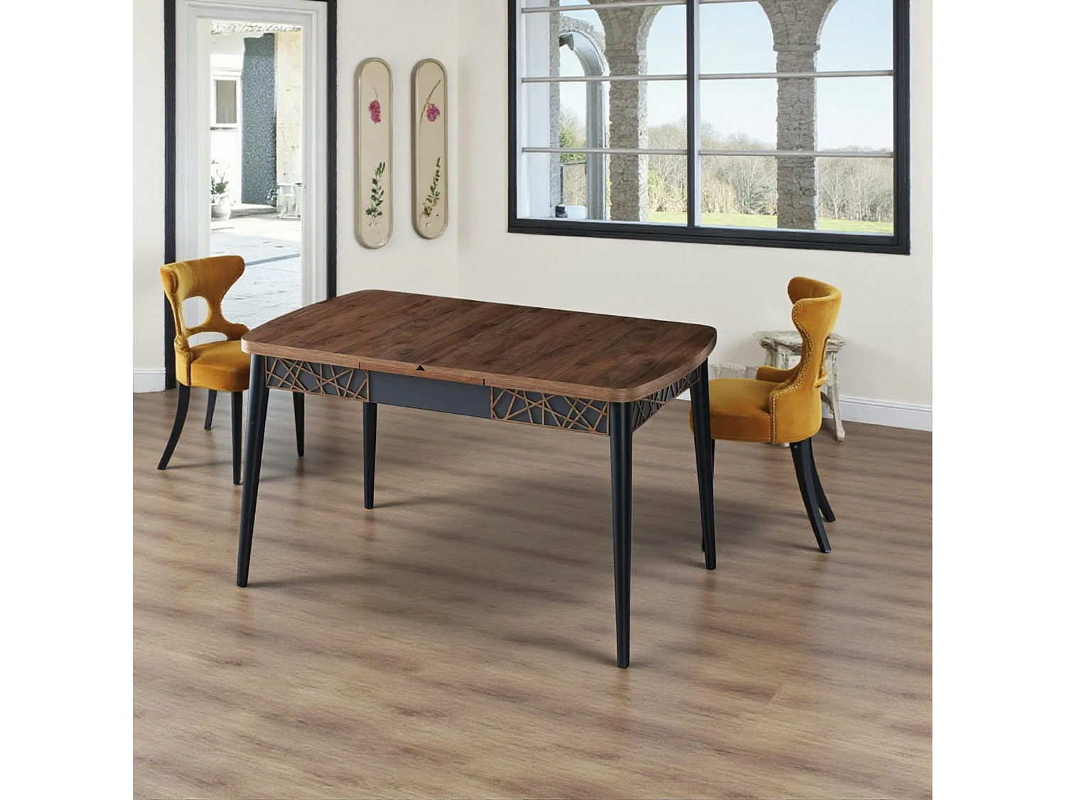 Table extensible effet noyer, pieds noirs 132-170 cm LUNOR