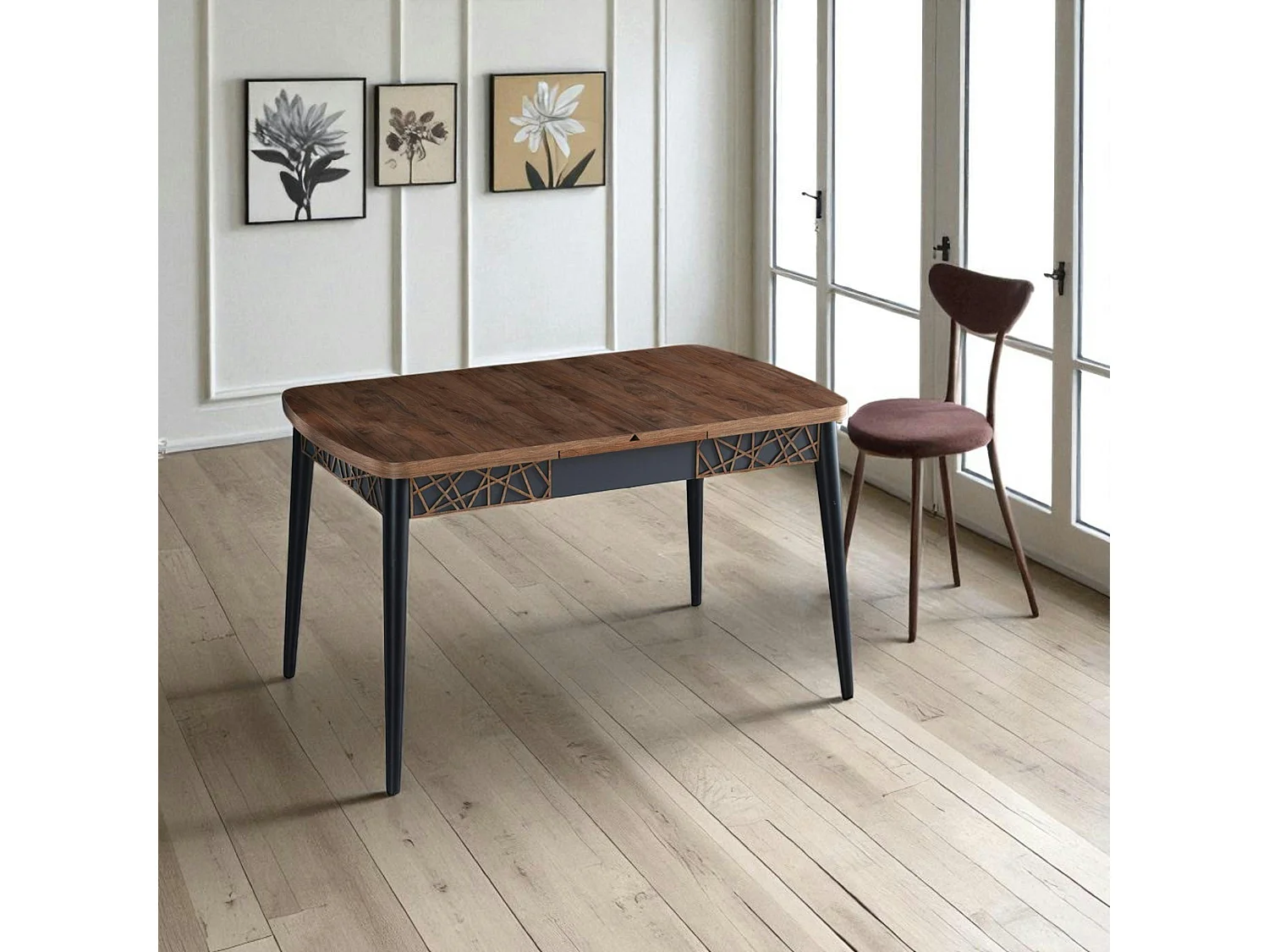 Table extensible effet noyer, pieds noirs 132-170 cm LUNOR