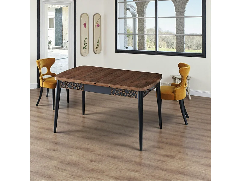 Table extensible effet noyer, pieds noirs 132-170 cm LUNOR