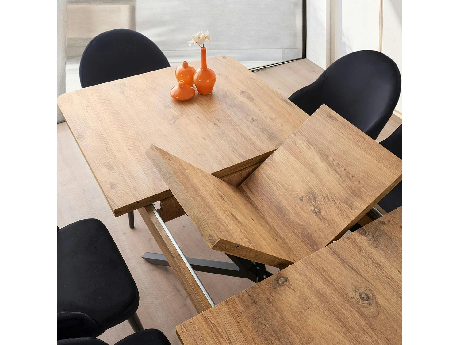 Table extensible effet chêne pied central 160-200 cm JENA