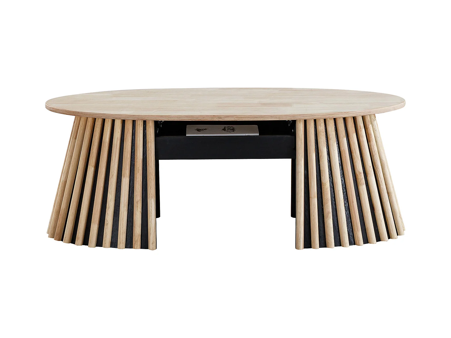 Table basse relevable ovale coloris chêne nordique/Noir - Longueur 120 X Largeur 60 x Hauteur 45,5 - 60,5 cm