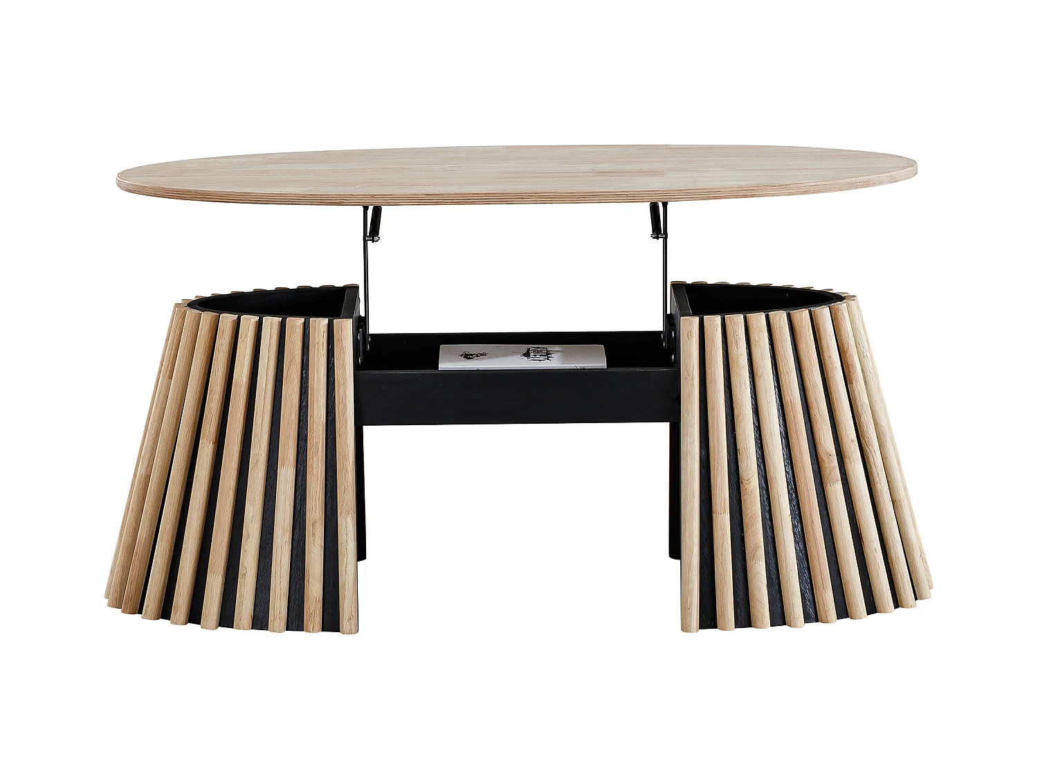 Table basse relevable ovale coloris chêne nordique/Noir - Longueur 120 X Largeur 60 x Hauteur 45,5 - 60,5 cm