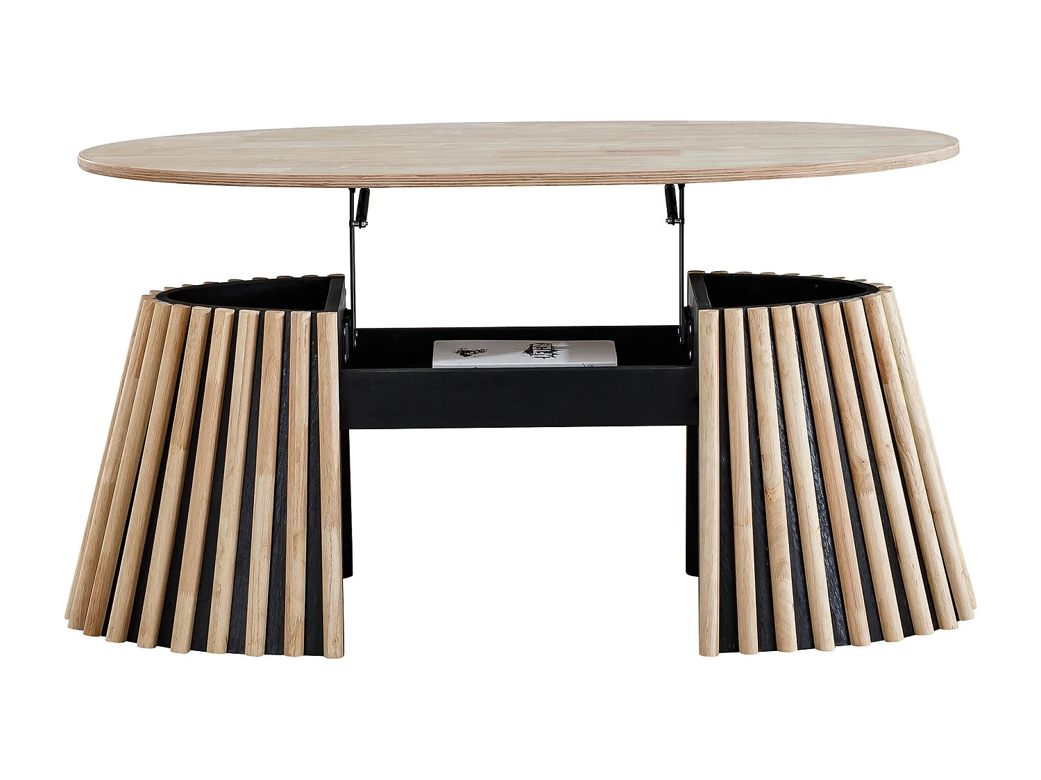 Table basse relevable ovale coloris chêne nordique/Noir - Longueur 120 X Largeur 60 x Hauteur 45,5 - 60,5 cm
