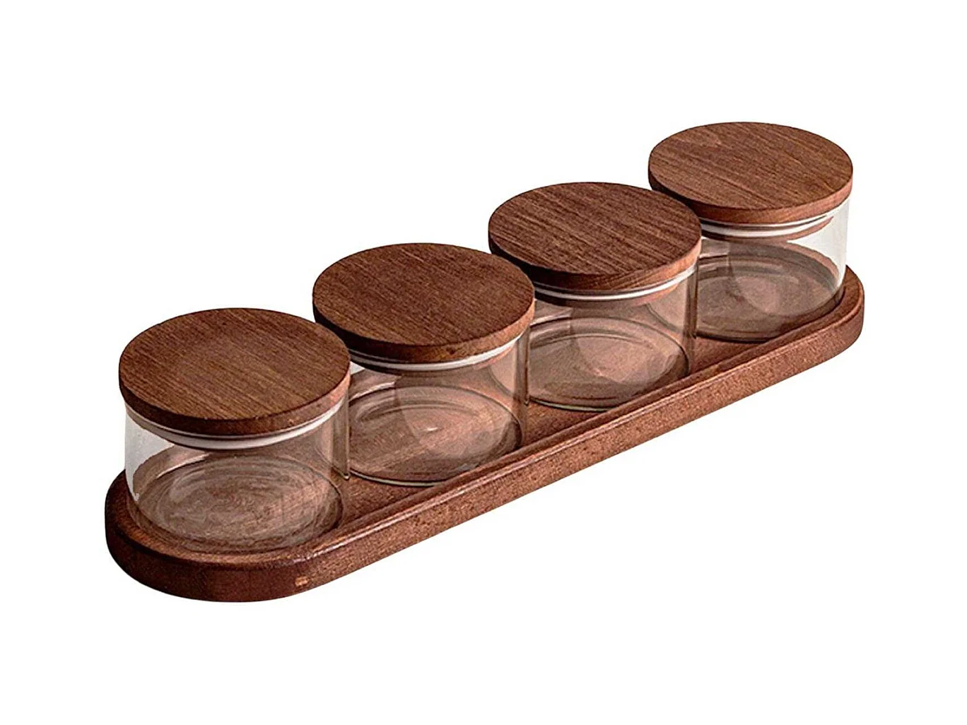 Ensemble pots en verre avec couvercle et plateau bois 4 pots ronds - Doria