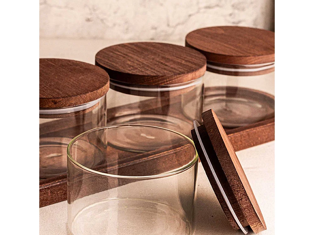 Ensemble pots en verre avec couvercle et plateau bois 4 pots ronds - Doria
