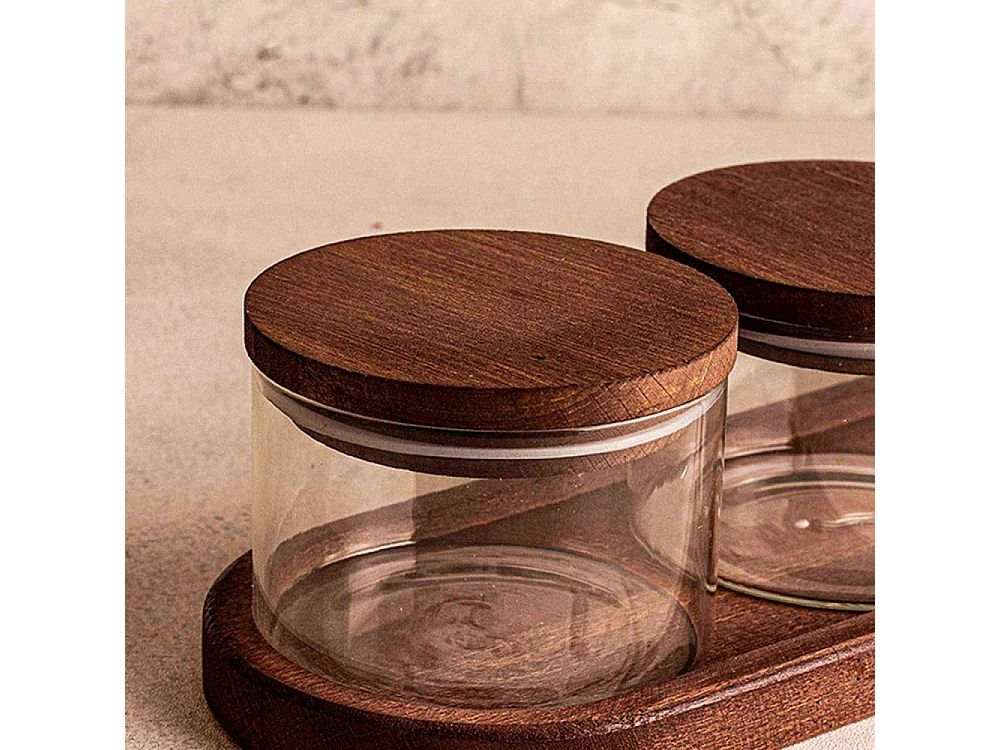 Ensemble pots en verre avec couvercle et plateau bois 4 pots ronds - Doria