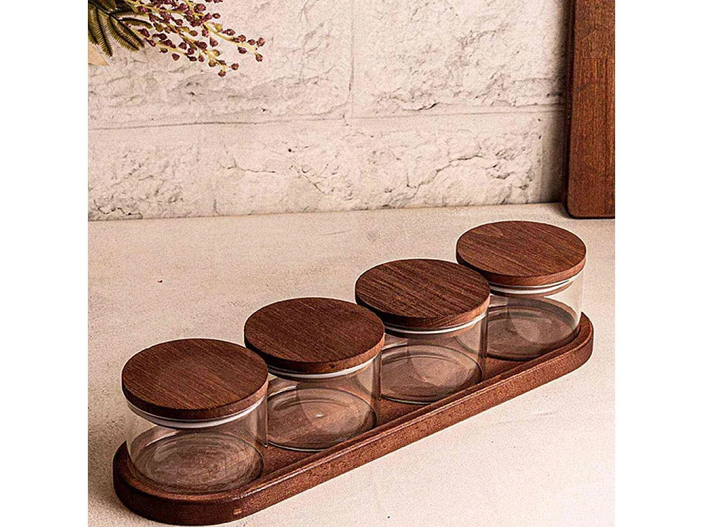 Ensemble pots en verre avec couvercle et plateau bois 4 pots ronds - Doria