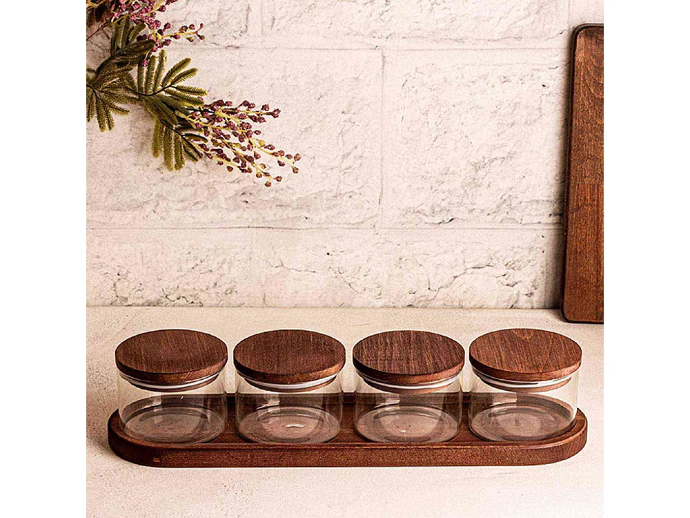 Ensemble pots en verre avec couvercle et plateau bois 4 pots ronds - Doria