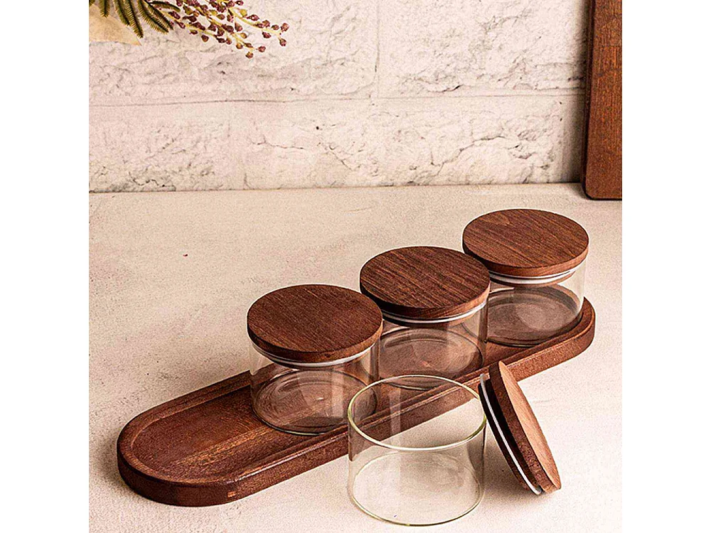 Ensemble pots en verre avec couvercle et plateau bois 4 pots ronds - Doria
