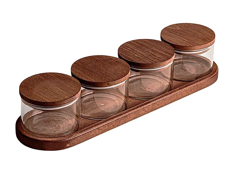 Ensemble pots en verre avec couvercle et plateau bois 4 pots ronds - Doria