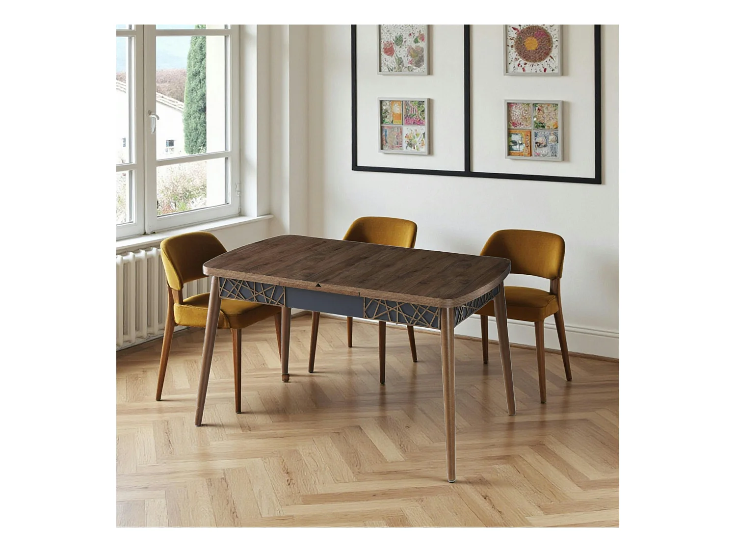 Table extensible effet noyer, décor baguettes 132-170 cm LUNOR