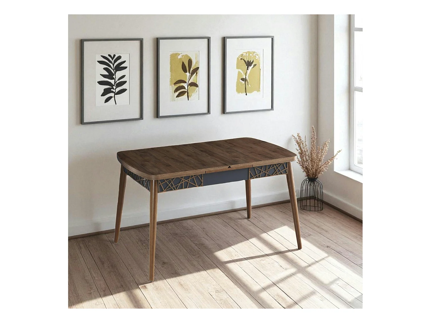 Table extensible effet noyer, décor baguettes 132-170 cm LUNOR