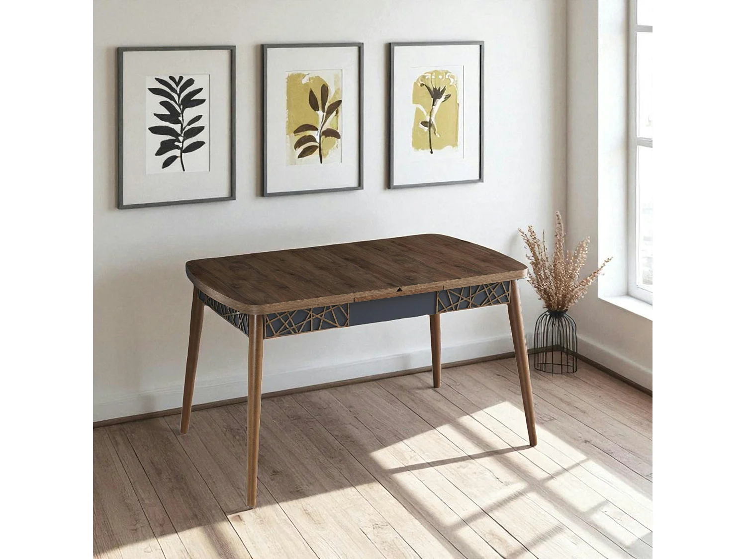 Table extensible effet noyer, décor baguettes 132-170 cm LUNOR