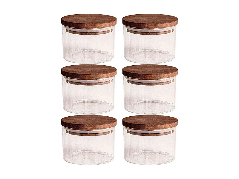 Ensemble pots en verre avec couvercle bois 6 pots ronds - Liny