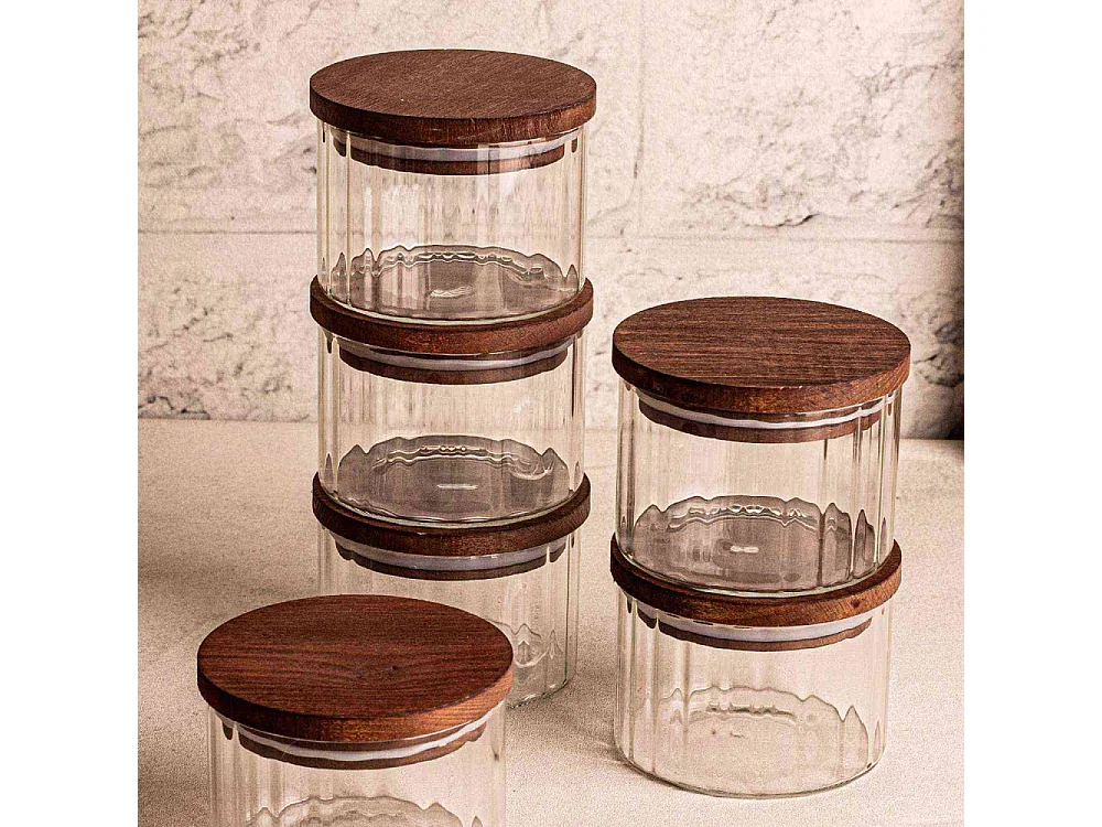 Ensemble pots en verre avec couvercle bois 6 pots ronds - Liny