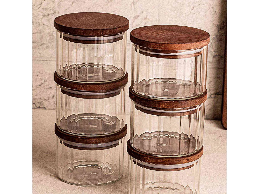 Ensemble pots en verre avec couvercle bois 6 pots ronds - Liny