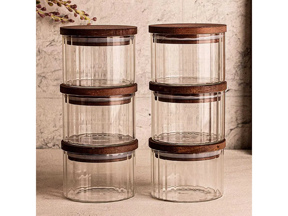 Ensemble pots en verre avec couvercle bois 6 pots ronds - Liny