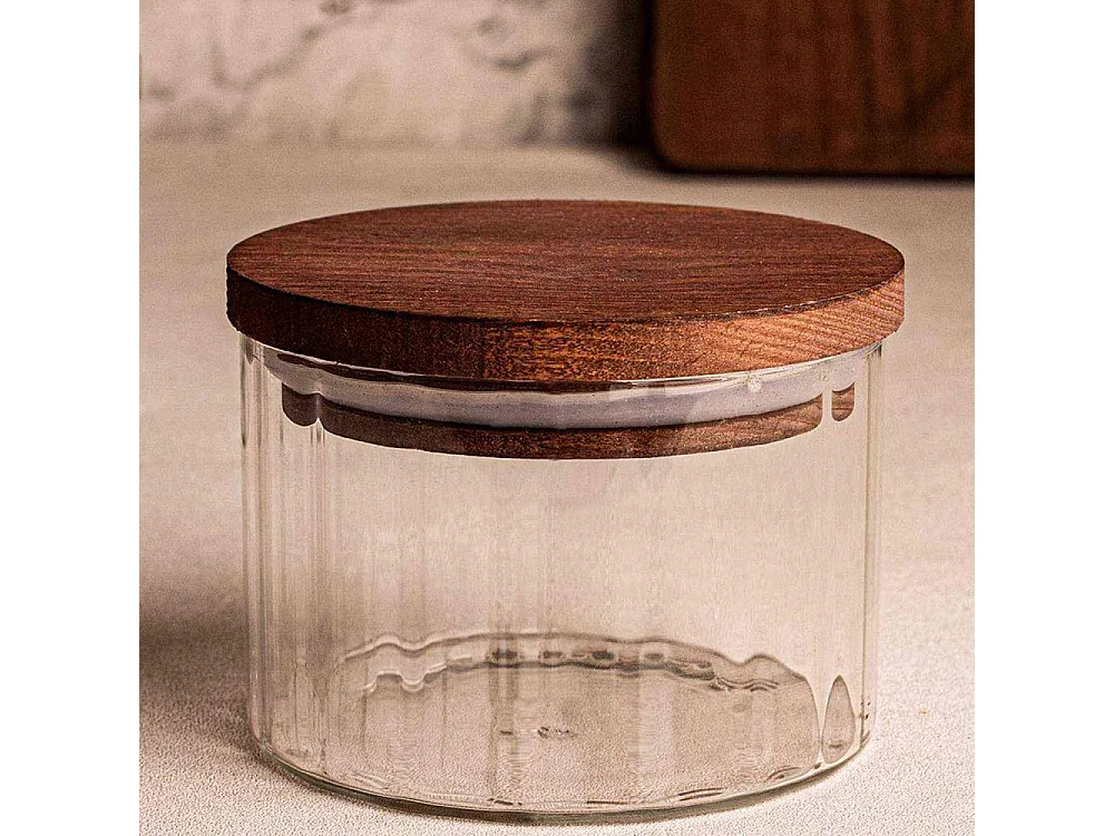 Ensemble pots en verre avec couvercle bois 6 pots ronds - Liny