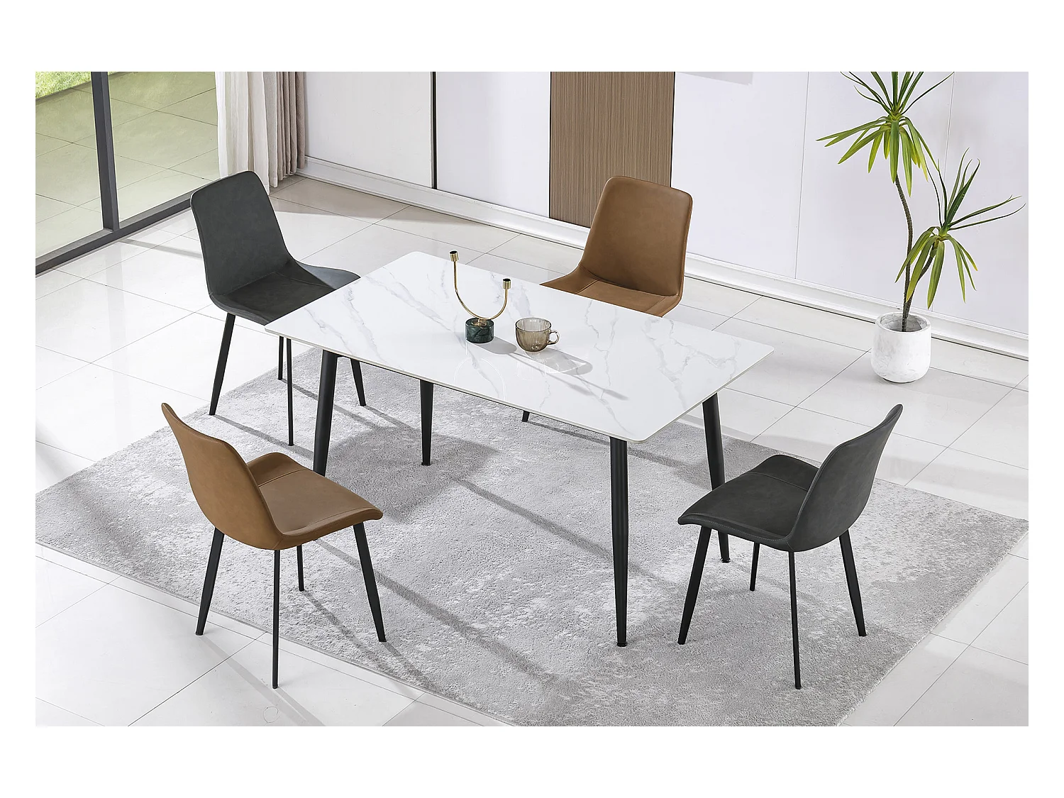 Table à manger rectangulaire coloris effet marbre blanc et pieds en métal Noir - Longueur 140 x Largeur 80 x Hauteur 75 cm