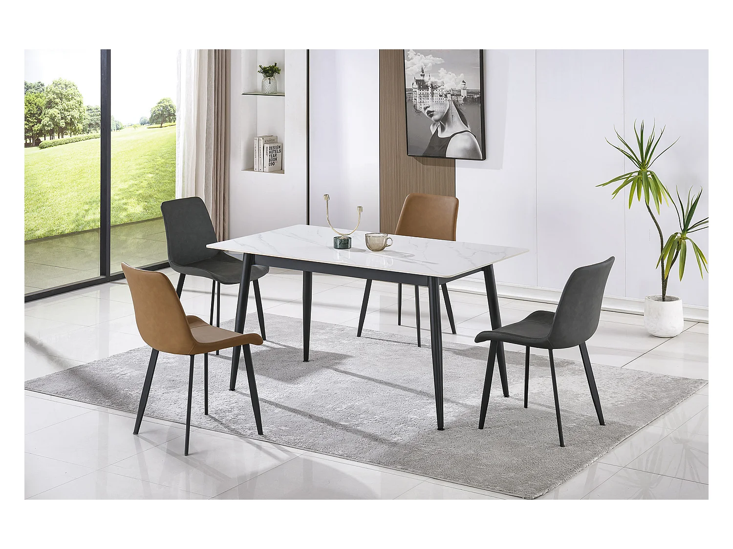 Table à manger rectangulaire coloris effet marbre blanc et pieds en métal Noir - Longueur 140 x Largeur 80 x Hauteur 75 cm