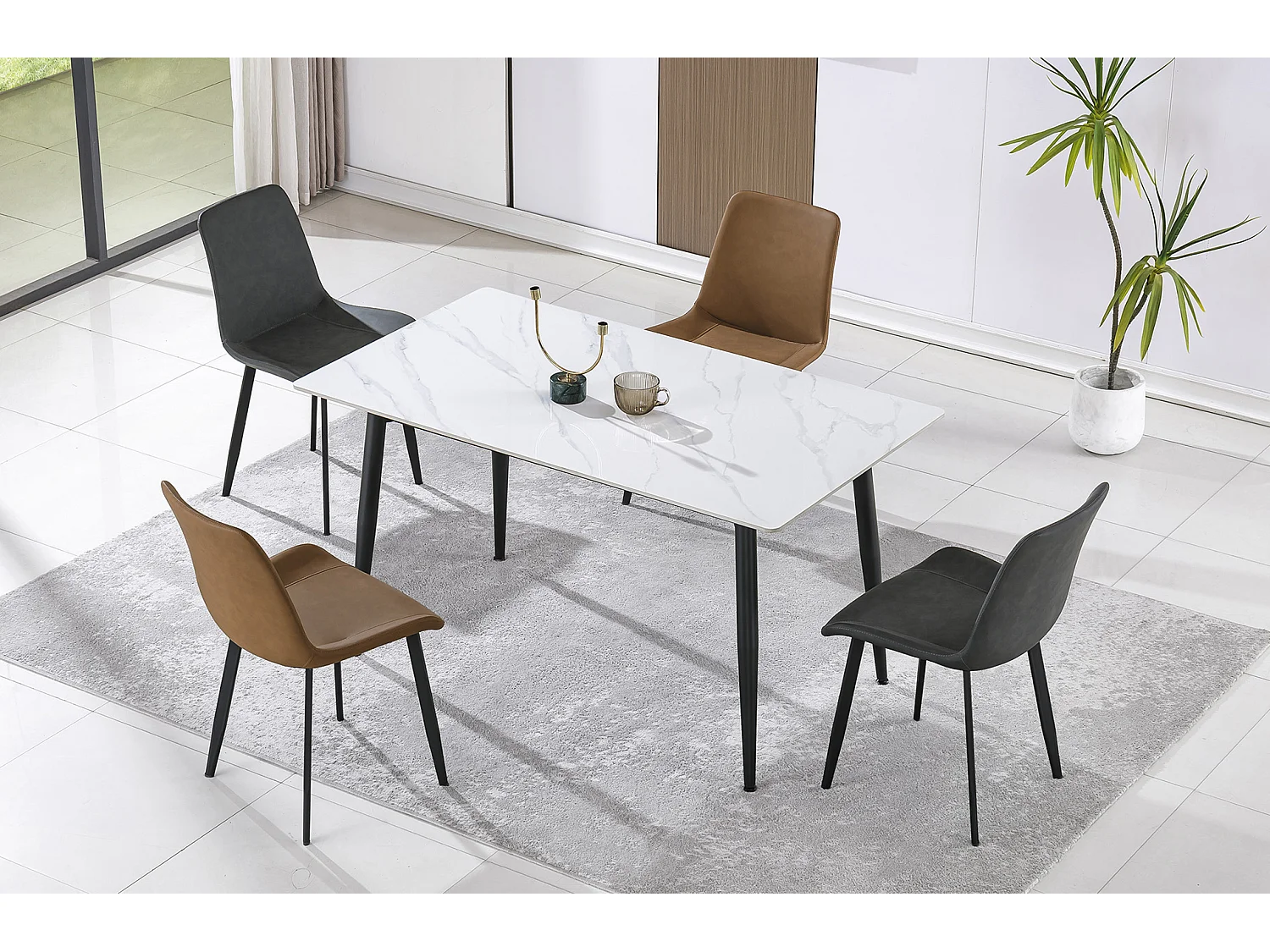 Table à manger rectangulaire coloris effet marbre blanc et pieds en métal Noir - Longueur 140 x Largeur 80 x Hauteur 75 cm