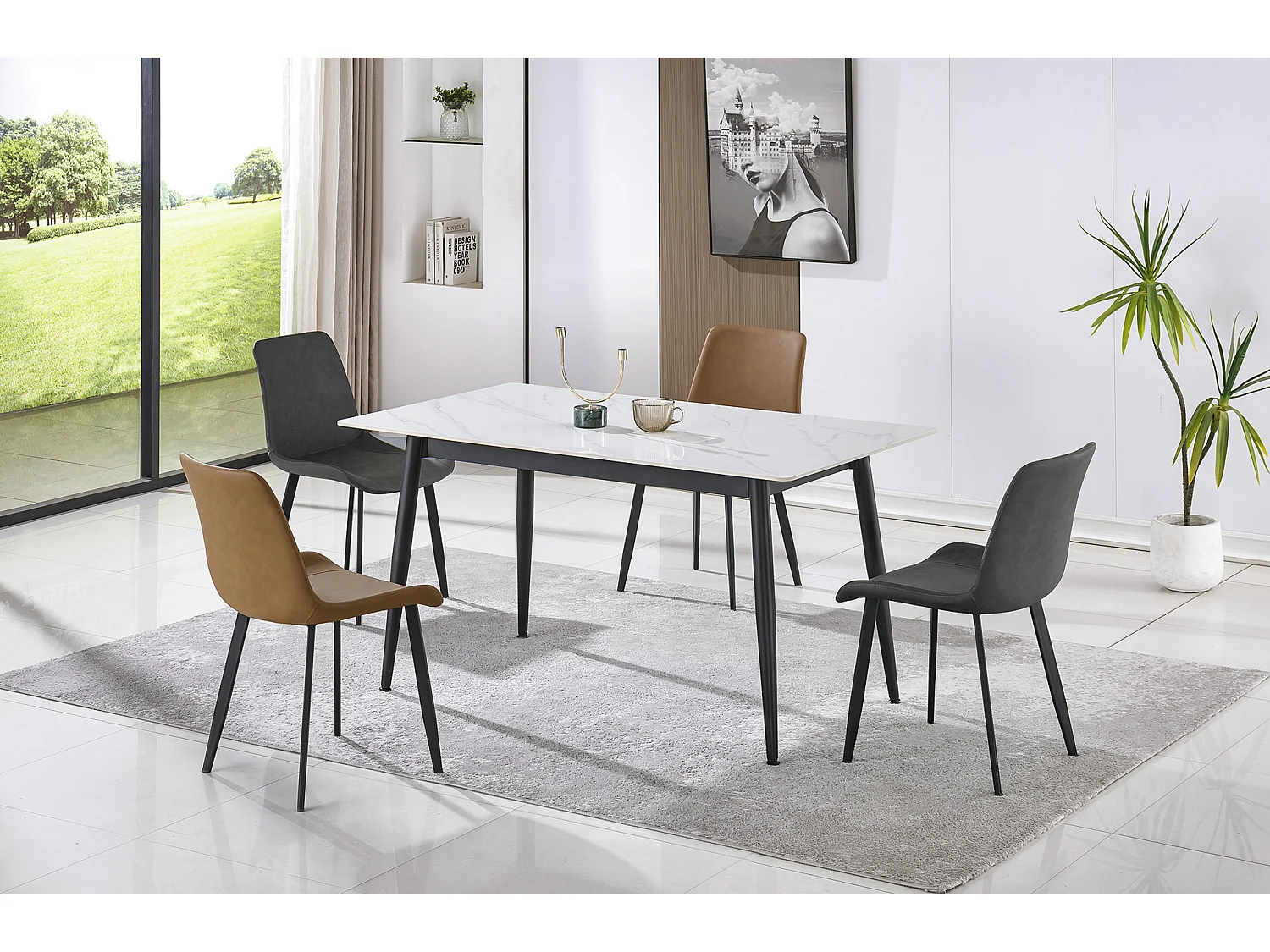 Table à manger rectangulaire coloris effet marbre blanc et pieds en métal Noir - Longueur 140 x Largeur 80 x Hauteur 75 cm