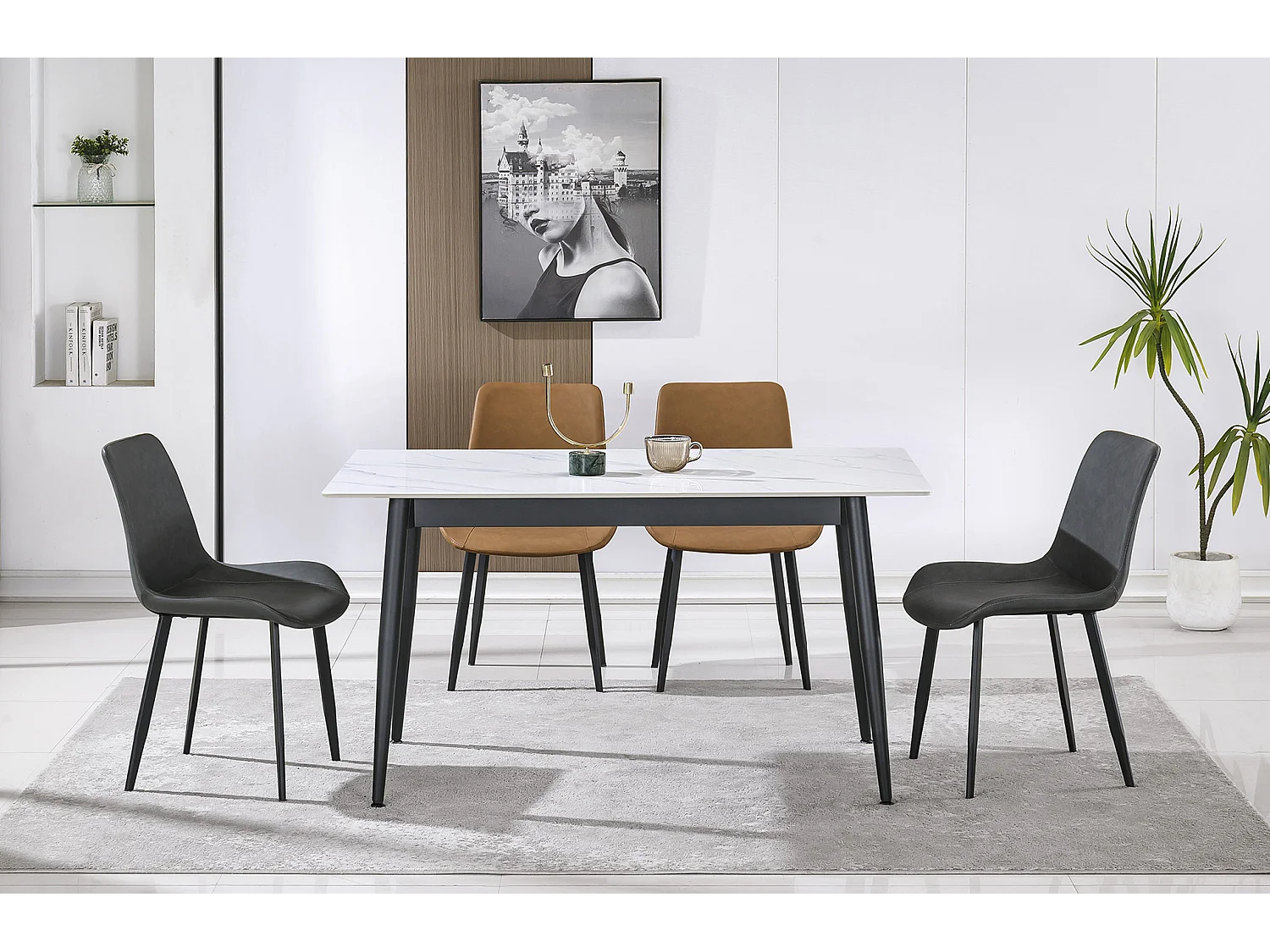 Table à manger rectangulaire coloris effet marbre blanc et pieds en métal Noir - Longueur 140 x Largeur 80 x Hauteur 75 cm