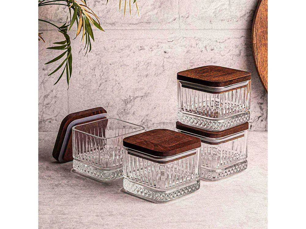 Ensemble pots en verre avec couvercle bois 4 pots carrés - Bella