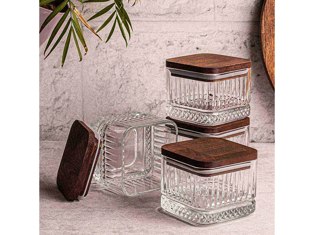 Ensemble pots en verre avec couvercle bois 4 pots carrés - Bella