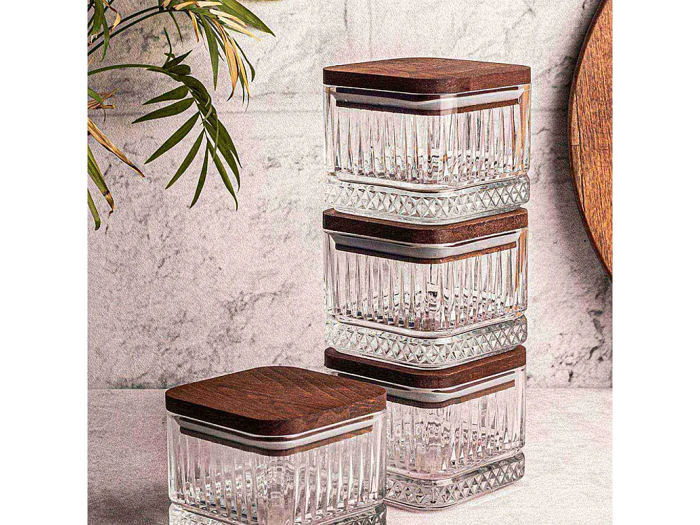 Ensemble pots en verre avec couvercle bois 4 pots carrés - Bella